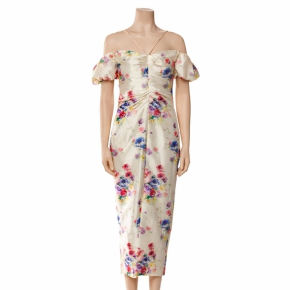 Markarian Palma Multicolor Beaded Floral Off-The-Shoulder Ruched Dress NWT